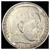 1936-E Germany Silver 5 Reichsmark CLOSELY UNCIRCU