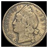 1897 Dominican Republic SIlver 20 Centavos NEARLY