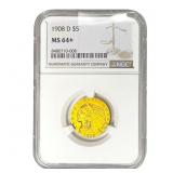 1908-D $5 Gold Half Eagle NGC MS64+