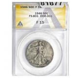 1946 Walking Liberty Half Dollar ANACS F15