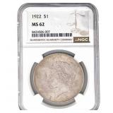1922 Morgan Silver Dollar NGC MS62 Extra Hair