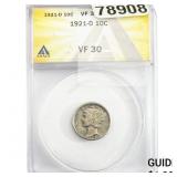 1921-D Mercury Silver Dime ANACS VF30