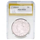 1934-D Silver Peace Dollar PGA MS65