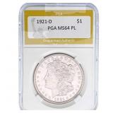 1921-D Morgan Silver Dollar PGA MS64 PL