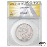 1941-D Walking Liberty Half Dollar ANACS MS64