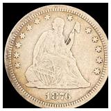 1876-CC Silver Seated Liberty Quarter ABOUT  UNCI