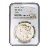1921 Silver Peace Dollar NGC MS62 High Relief