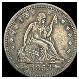 1853 Arrows Seated Liberty Silver Quarter  NEARLY