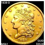 1838-D $5 Gold Half Eagle UNCIRCULATED