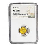 1885 Rare Gold Dollar NGC MS62 PL