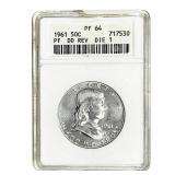 1961 Franklin Half Dollar ANACS PF64 DD REV DIE 1
