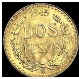 1945 Mexico Gold 2 Pesos GEM BU