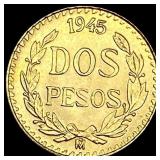 1945 Mexico Gold 2 Pesos GEM BU