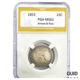 1853 Seated Liberty Quarter PGA MS63 Arrows & Rays