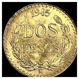 1945 Mexico Gold 2 Pesos GEM BU