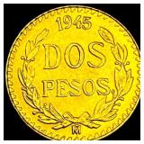 1945 Mexico Gold 2 Pesos GEM BU
