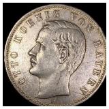 1907-D Silver 5 Mark Germany Bavaria HIGH GRADE