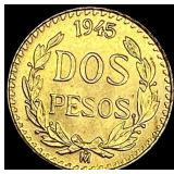 1945 Mexico Gold 2 Pesos GEM BU