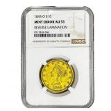 1844-O $10 Gold Eagle NGC AU55 Mint Err, Rev Lamin