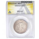 1943-D/D Walking Liberty Half Dollar ANACS MS62