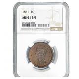 1851 Braided Hair Large Cent NGC MS61 BN