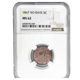 1867 Shield Nickel NGC MS62 No Rays