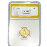 1994 1/10oz $5 Gold Eagle PGA MS70
