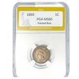1860 Indian Head Cent PGA MS60 Pointed Bust