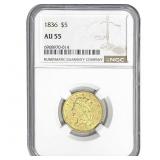 1836 $5 Gold Half Eagle NGC AU55