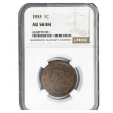 1853 Braided Hair Large Cent NGC AU58 BN