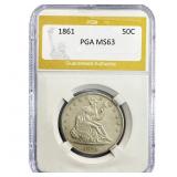 1861 Seated Liberty Half Dollar PGA MS63