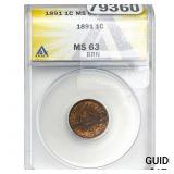 1891 Indian Head Cent ANACS MS63 BRN