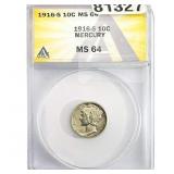 1916-S Mercury Silver Dime ANACS MS64