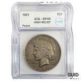 1921 Silver Peace Dollar ICG EF45