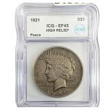 1921 Silver Peace Dollar ICG EF45