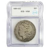 1891-CC Morgan Silver Dollar ICG VG8