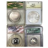 [4] Silver Coins, 25C, Comm $1, Silver Eagle