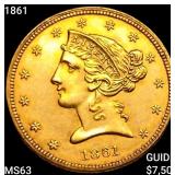 1861 $5 Gold Half Eagle CHOICE BU