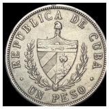 1933 Silver 1 Peso Cuba NEARLY UNCIRCULATED