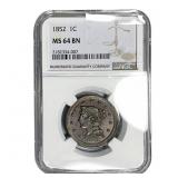 1852 Braided Hair Large Cent NGC MS64 BN