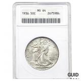 1936 Walking Liberty Half Dollar ANACS MS64