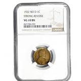 1922 No D Wheat Cent NGC VG10 BN Strong Reverse