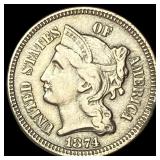1874 Nickel Three-Cent Piece NEARLY UNCIRCULATED