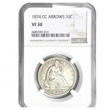 1874-CC Seated Liberty Half Dollar NGC VF30 Arrows