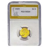 1929 $2.50 Gold Quarter Eagle PGA MS64
