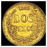 1945 Mexico Gold 2 Pesos .0482oz CHOICE BU