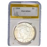 1934 Silver Peace Dollar PGA MS64