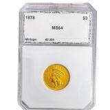 1878 $3 Gold Piece PCI MS64