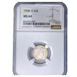 1908-O Barber Dime NGC MS64
