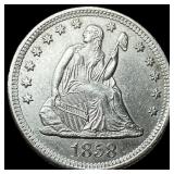 1858-O Silver Seated Liberty Quarter CHOICE AU